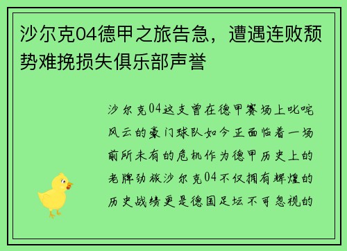 沙尔克04德甲之旅告急，遭遇连败颓势难挽损失俱乐部声誉
