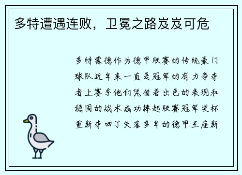 多特遭遇连败，卫冕之路岌岌可危