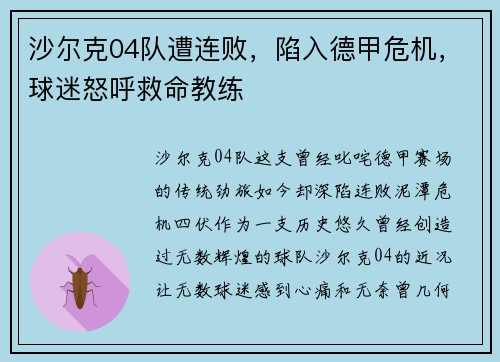 沙尔克04队遭连败，陷入德甲危机，球迷怒呼救命教练