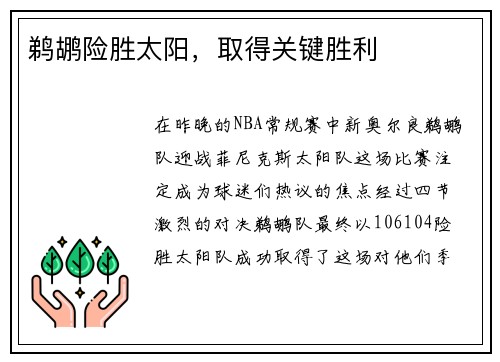 鹈鹕险胜太阳，取得关键胜利