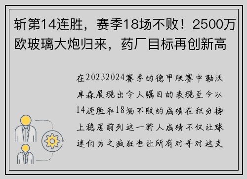 斩第14连胜，赛季18场不败！2500万欧玻璃大炮归来，药厂目标再创新高