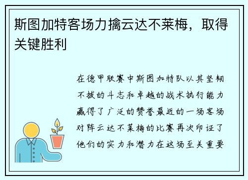 斯图加特客场力擒云达不莱梅，取得关键胜利