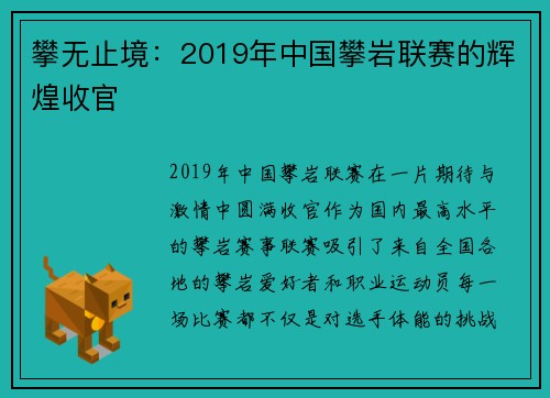 攀无止境：2019年中国攀岩联赛的辉煌收官