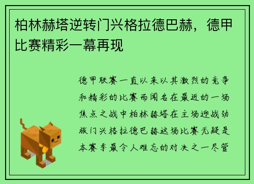 柏林赫塔逆转门兴格拉德巴赫，德甲比赛精彩一幕再现
