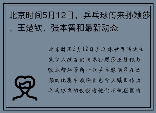 北京时间5月12日，乒乓球传来孙颖莎、王楚钦、张本智和最新动态