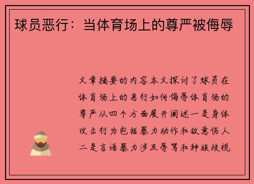 球员恶行：当体育场上的尊严被侮辱